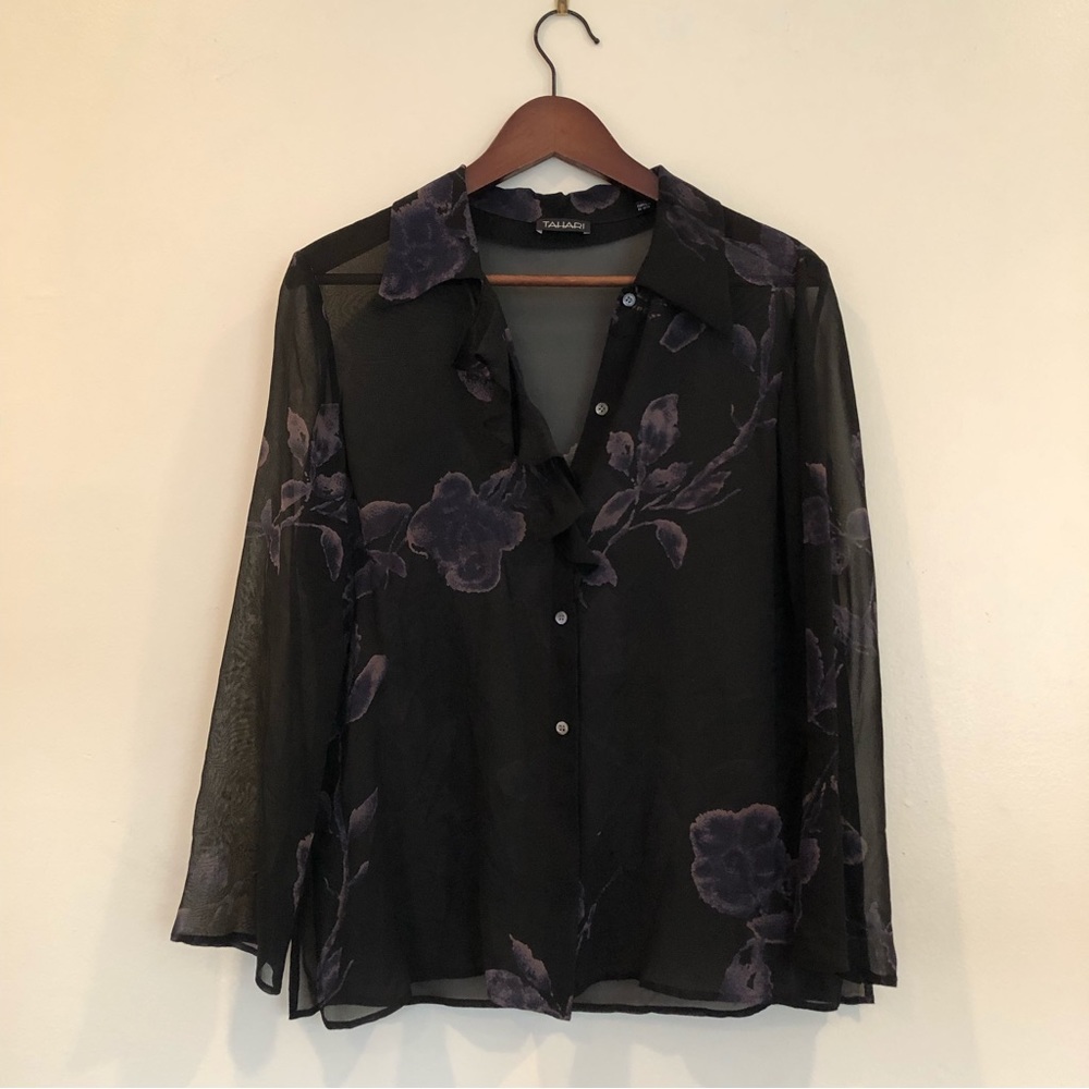 Vintage Tahari Sheer Ruffle Blouse no size given approximate Small